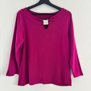 Rafaella Boat Neck Top Pink Silver Buckle Keyhole Size Large 100% Cotton